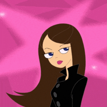 a cartoon girl with long brown hair and blue eyes is wearing a black jacket