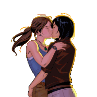 a drawing of two women kissing with the letters a and t on their faces