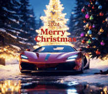 a red sports car is in front of a christmas tree with the year 2024 on it