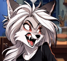 a cartoon fox with long white hair and sharp teeth is sitting in a room .