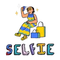 a woman in a colorful dress is taking a selfie with her phone while sitting on a shopping bag .