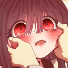 a girl with red eyes is crying with her eyes closed