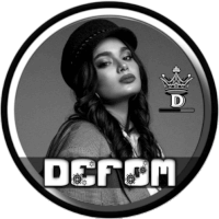 a black and white photo of a woman in a circle with the word deform written in white