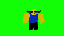 a yellow roblox character wearing sunglasses on a green screen