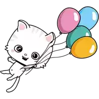 a cat is flying through the air holding balloons