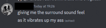 a screenshot of a discord chat with a person saying " giving me the surround sound feel as it vibrates up my ass "