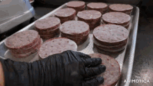 a person wearing black gloves reaches for a piece of meat on a tray that says made in animatica on the bottom