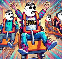 a roller coaster with a man wearing a shirt that says $ dood on it