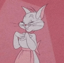 a cartoon cat is wearing a pink dress and smiling with her eyes closed .