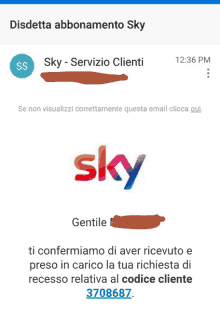 a screen shot of a sky app that says disdetta abbonamento sky at the top