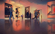 a painting of people walking in a museum with a sign that says " the conscious brain "