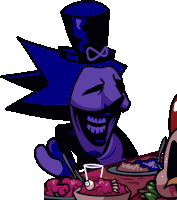 a cartoon of a man wearing a top hat laughing with a bowl of food in front of him