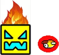 a pixel art drawing of a yellow cube with a face on it and a red circle with a fire behind it .