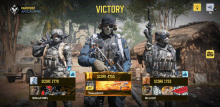 three soldiers standing in front of a screen that says " victory "