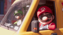 mario and luigi are driving a yellow truck and wearing sunglasses