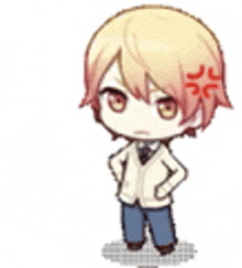 a chibi boy with blonde hair and red eyes is standing with his hands on his hips and has an angry look on his face .