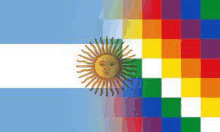 the flag of argentina has a sun on it and a rainbow checkered background .