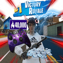 a girl holding a purple xbox controller and a gun in front of a victory royale sign