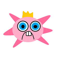 a pink cartoon character with a yellow crown on its head