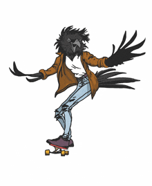 a cartoon drawing of a person with a bird head riding a skateboard