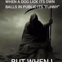 a grim reaper holding a scythe with the words " when a dog lick its own balls in public its "