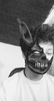 a black and white photo of a person wearing a mask