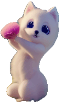 a white animal holding a pink flower in its paws