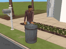 a man in a brown shirt is standing next to a trash can