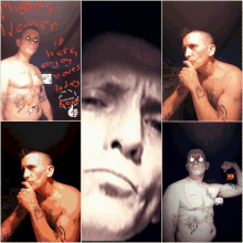 a collage of pictures of a shirtless man with the words mighty viener written on a wall behind him