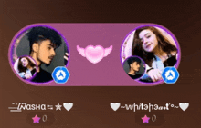 a man and a woman are in purple circles with hearts and stars and the name washa on the bottom