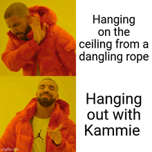 a drake meme shows a man hanging on the ceiling from a dangling rope