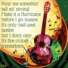 a painting of guitars and music notes with the words pour me somethin tall an ' strong make it a hurricane before i go insane