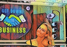 a woman is smiling in front of a sign that says " get down to business "