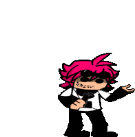 a cartoon character with pink hair and sunglasses is holding a microphone and standing on a white background .