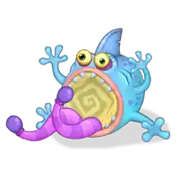 a blue and purple cartoon monster with a worm in its mouth