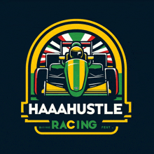 a green and yellow race car with the words haaahustle racing below it