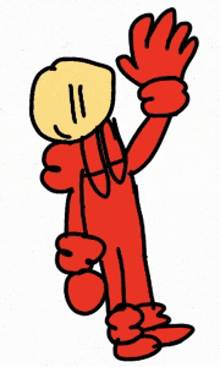 a cartoon character with a yellow face and red gloves is waving his hand