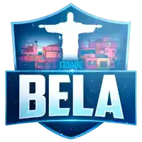 a logo for bela cidade with a statue of jesus in the background