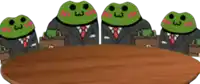 four frogs in suits and ties are sitting around a wooden table