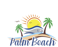 a palm beach logo with a fish and palm trees on a beach