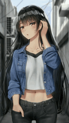 a girl with long black hair is wearing a denim jacket and jeans