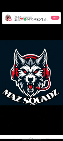 a picture of a wolf wearing headphones with the words maz squadz below it