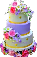 a three tiered cake decorated with pink and purple flowers and a gold ribbon