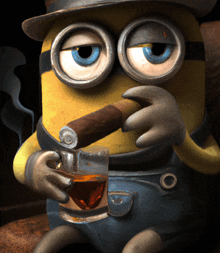 a cartoon minion is smoking a cigar and drinking a glass of whiskey