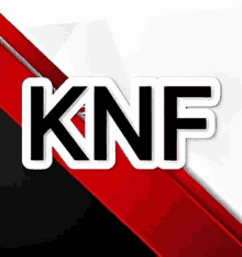 the word knf is on a red and white background with a red stripe .