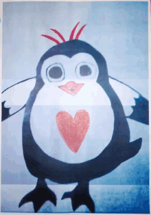 a picture of a penguin with a red heart on its chest