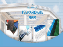 a full range of polycarbonate sheet is displayed on a blue background