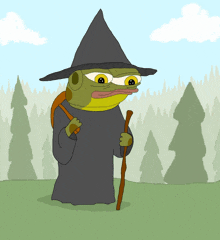 a cartoon of a frog wearing a witch hat