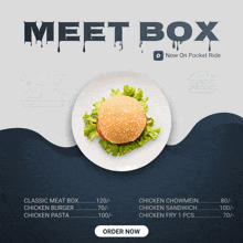 an advertisement for a meet box with a hamburger on a plate