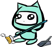 a cartoon cat is holding a mop and a broom